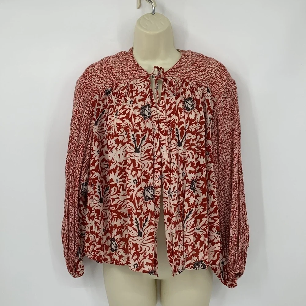 Free People Boho open front tie kimono jacket red cream Peasant blouse print M